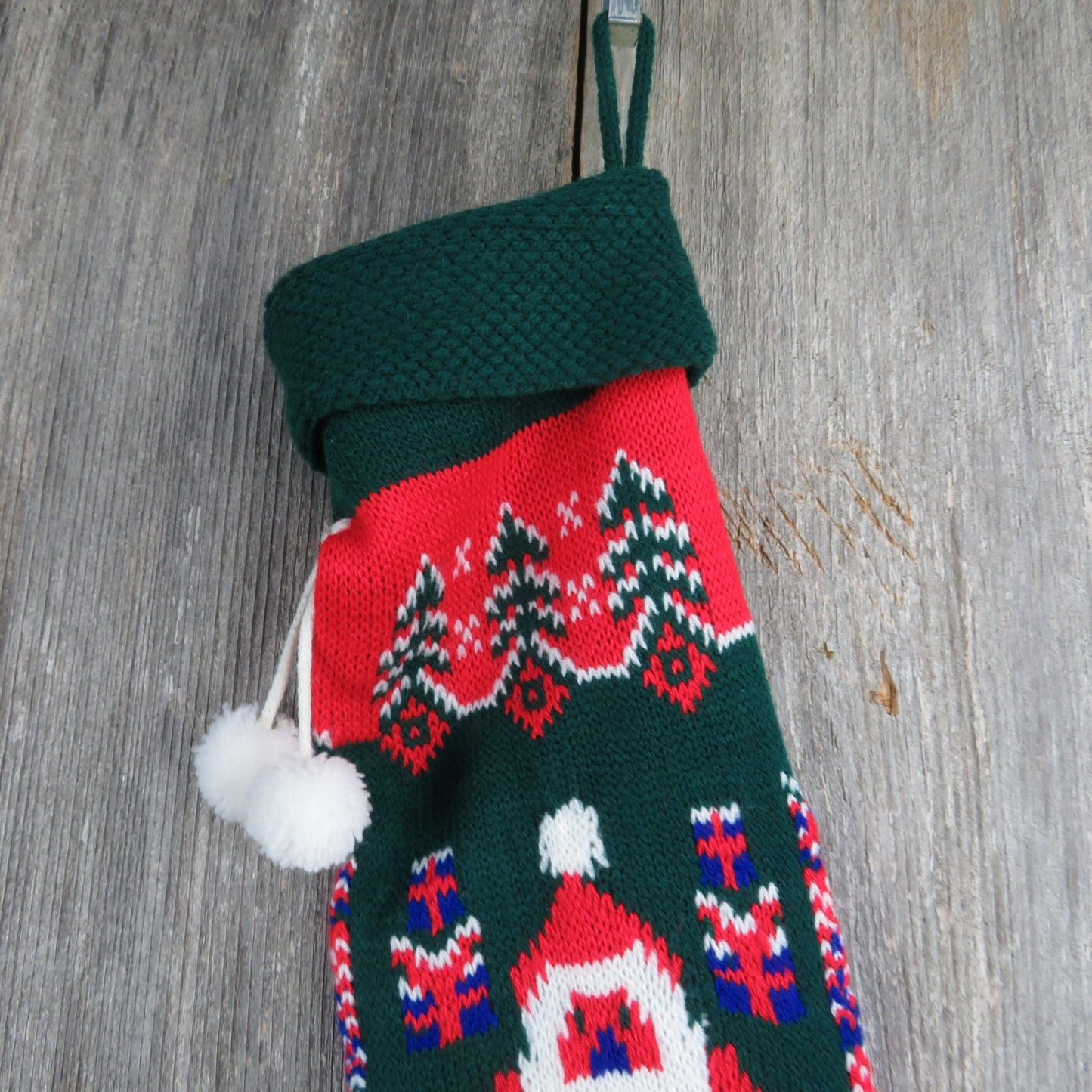 Vintage Santa Claus Knit Stocking Green Red White Gifts Trees Hearts Pom Pom 1980s