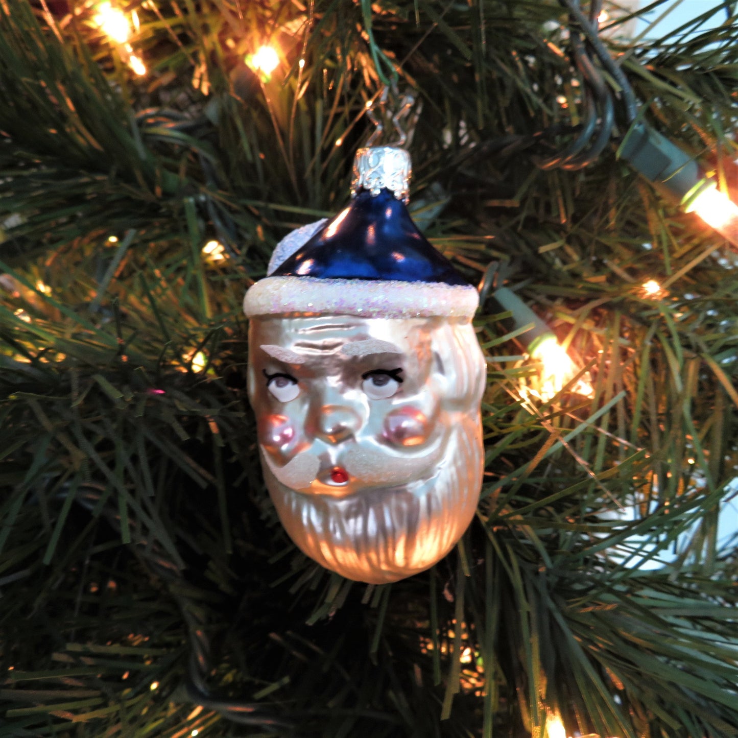 Two Faced Santa with Blue Hat Glass Ornament Christopher Radko West Germany Glitter Head Christmas Silver Tree Cap