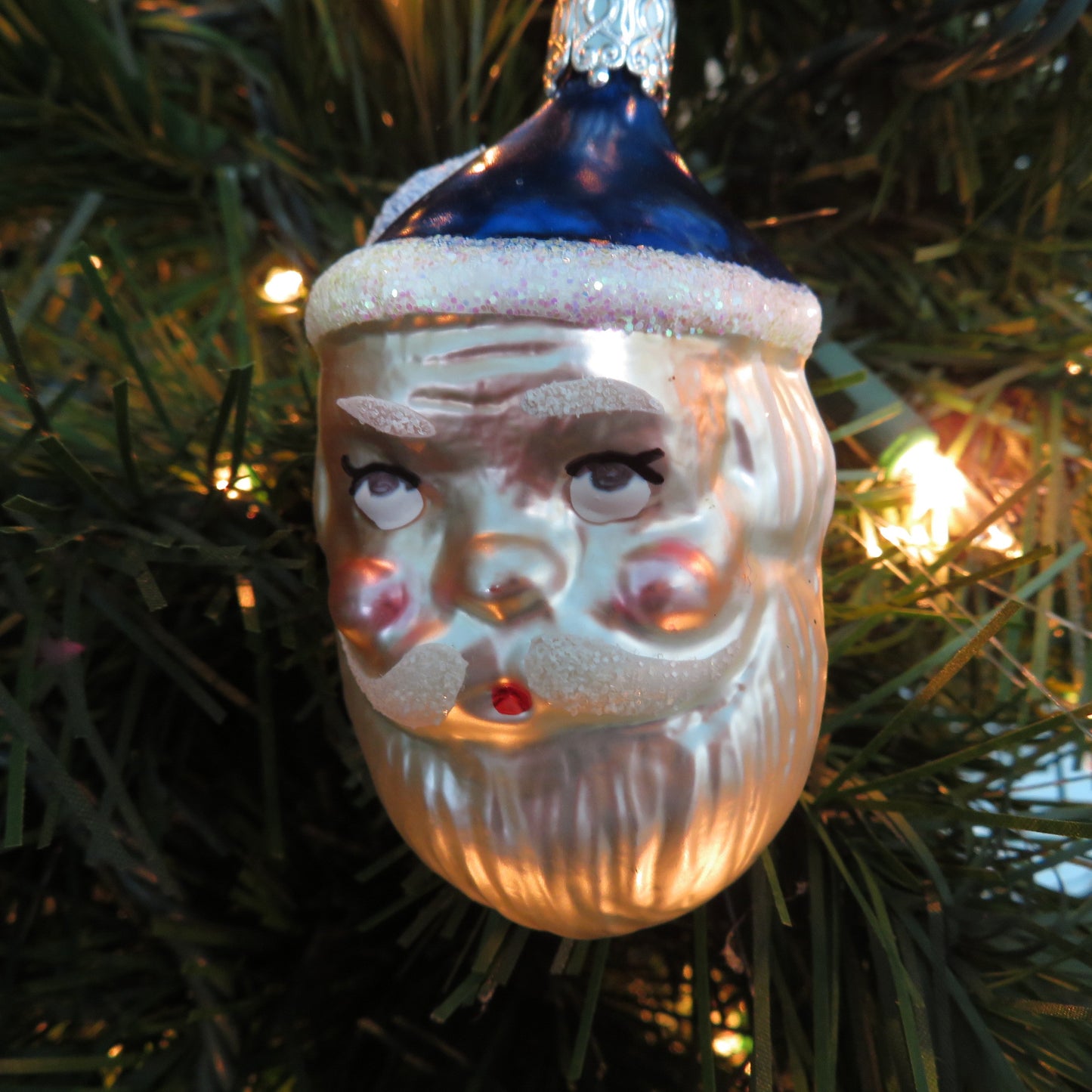 Two Faced Santa with Blue Hat Glass Ornament Christopher Radko West Germany Glitter Head Christmas Silver Tree Cap