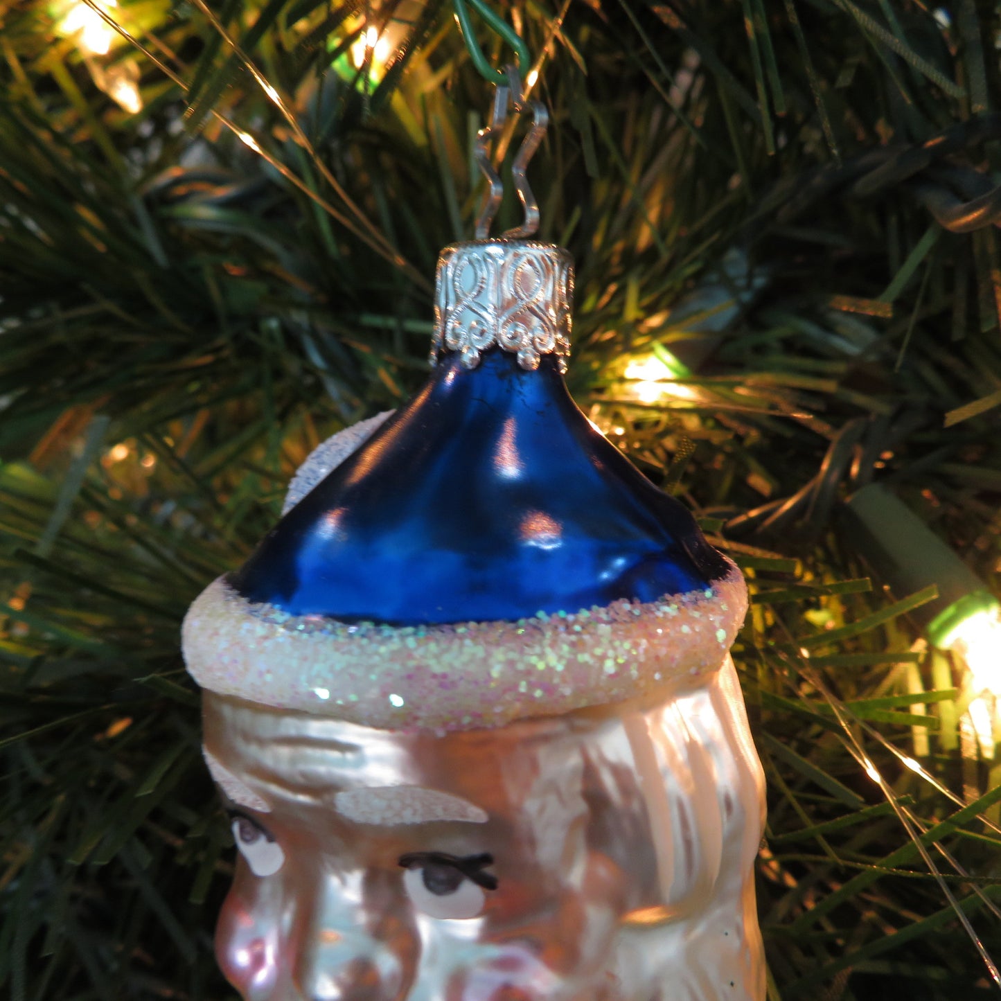 Two Faced Santa with Blue Hat Glass Ornament Christopher Radko West Germany Glitter Head Christmas Silver Tree Cap