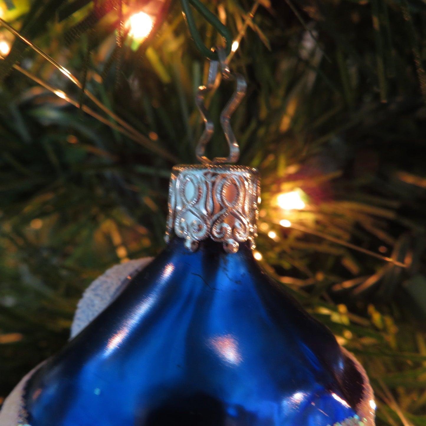 Two Faced Santa with Blue Hat Glass Ornament Christopher Radko West Germany Glitter Head Christmas Silver Tree Cap