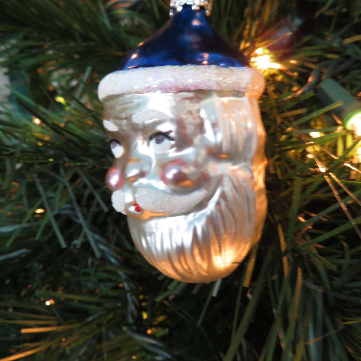 Two Faced Santa with Blue Hat Glass Ornament Christopher Radko West Germany Glitter Head Christmas Silver Tree Cap