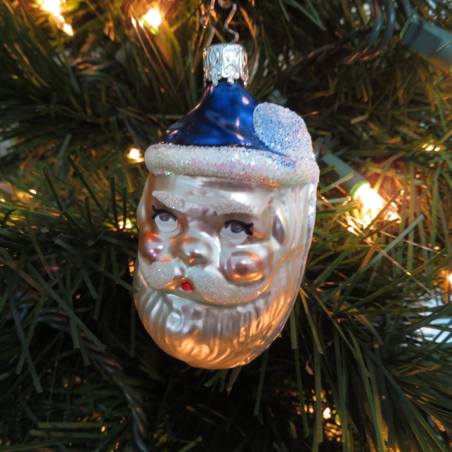 Two Faced Santa with Blue Hat Glass Ornament Christopher Radko West Germany Glitter Head Christmas Silver Tree Cap