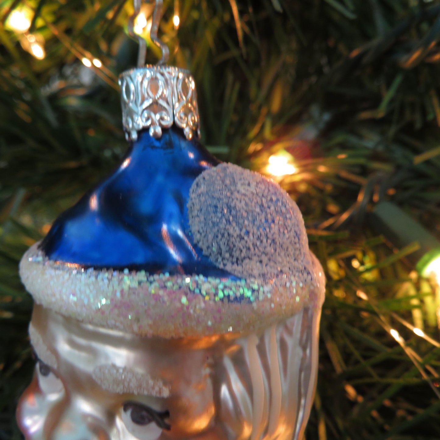 Two Faced Santa with Blue Hat Glass Ornament Christopher Radko West Germany Glitter Head Christmas Silver Tree Cap