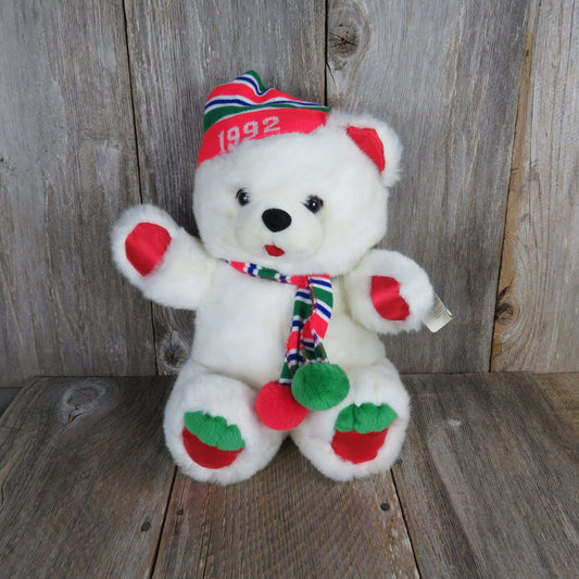 White Bear Plush Tongue Out Knit Hat Scarf Green Red Paws Christmas Stuffed Animal Fairview 1992 Vintage