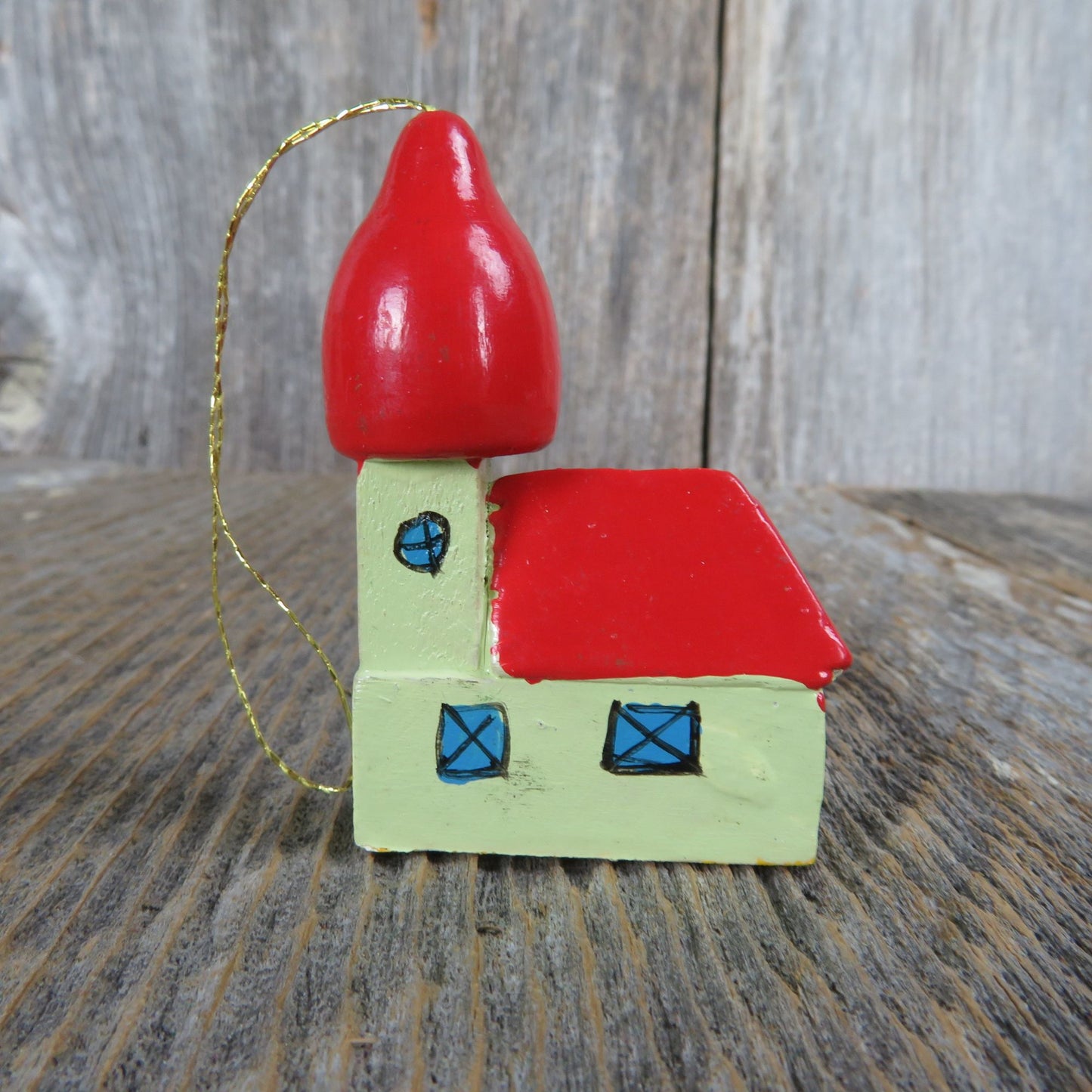 Vintage Wood House Church Ornament Building Christmas Village Miniature Painted