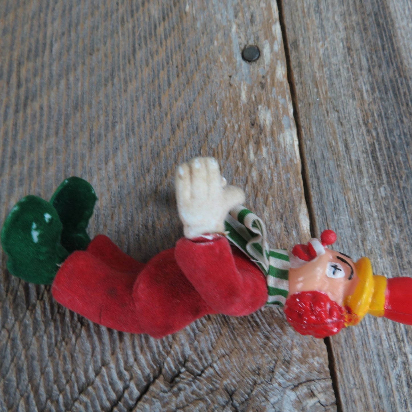 Vintage Flocked Clown Ornament Christmas Red Plastic Green