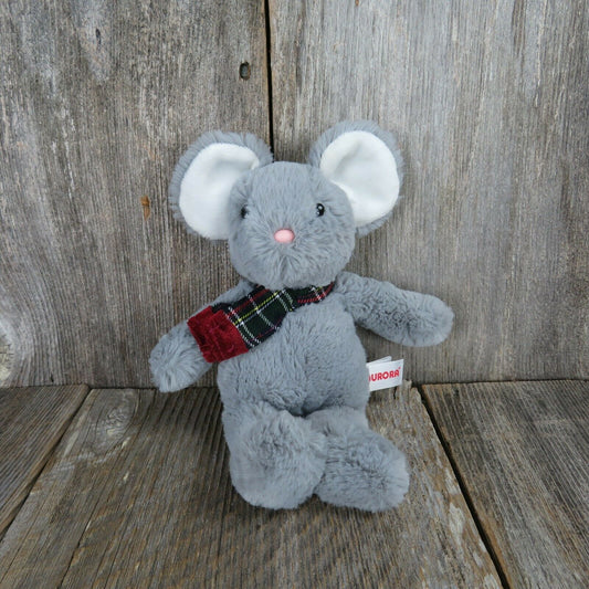 Gray Mouse Plush Plaid Scarf Aurora Stuffed Animal 2019 Christmas Winter - At Grandma's Table