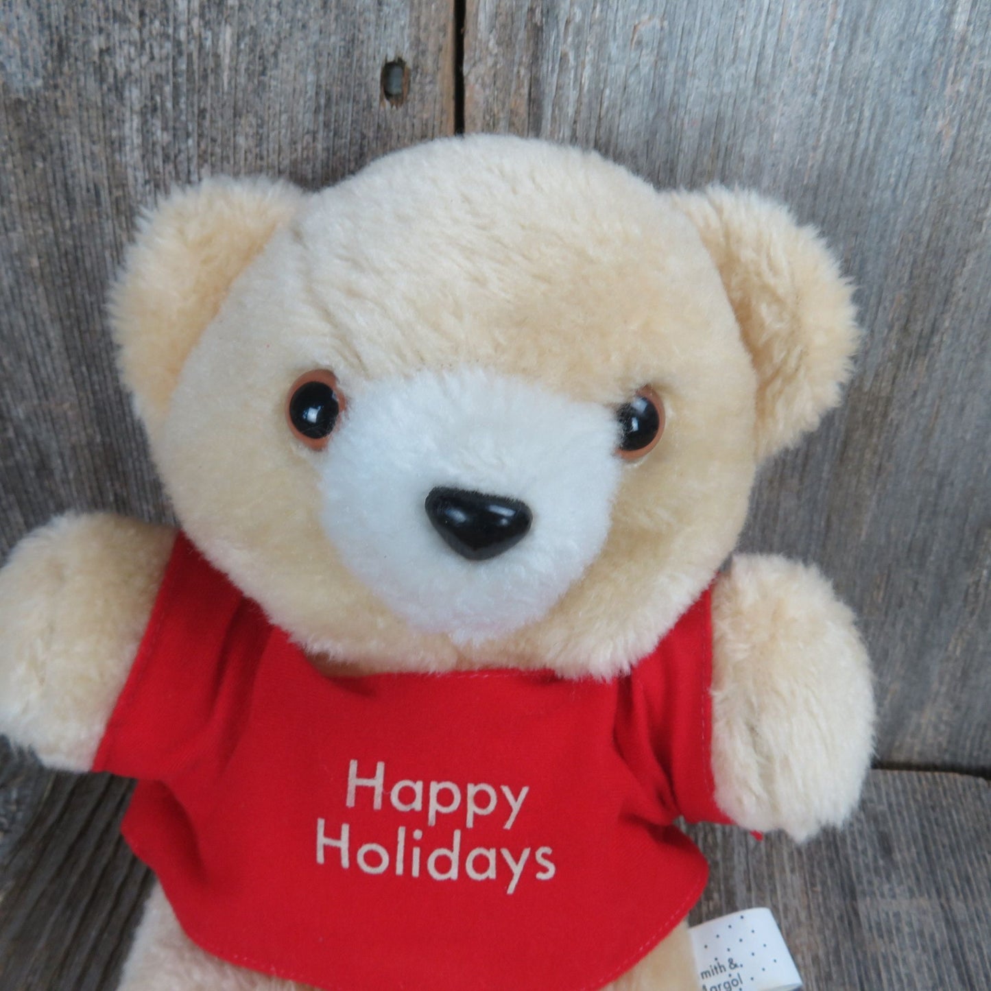 Vintage Christmas Bear Plush Red Shirt Happy Holidays Tan White Smith & Margol Stuffed Animal