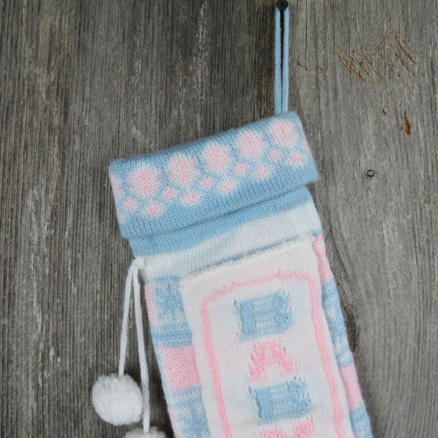 Vintage Baby Stocking Knit Pink and Blue Pocket Knitted First Christmas St354