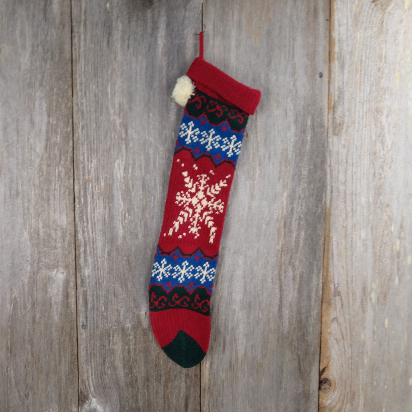 Vintage Snowflake Knit Stocking Christmas  Chenille Cream Blue Green Red Pom Pom 90s