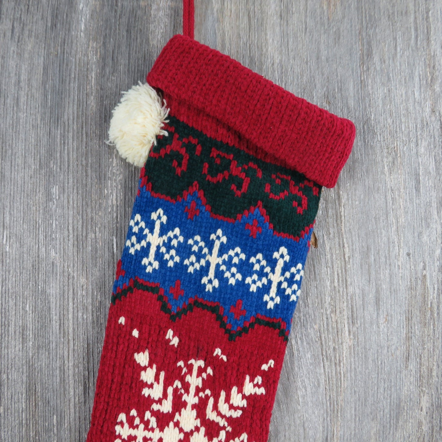 Vintage Snowflake Knit Stocking Christmas  Chenille Cream Blue Green Red Pom Pom 90s