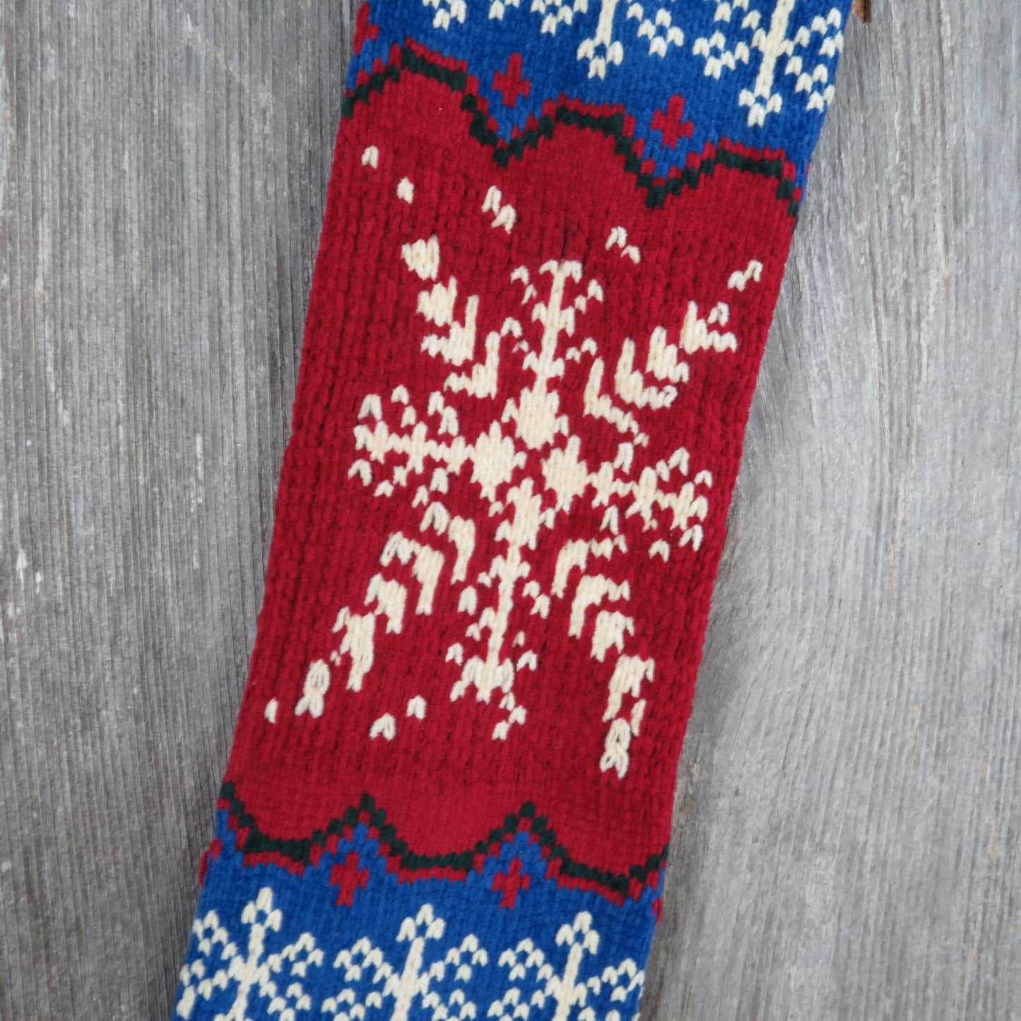 Vintage Snowflake Knit Stocking Christmas  Chenille Cream Blue Green Red Pom Pom 90s