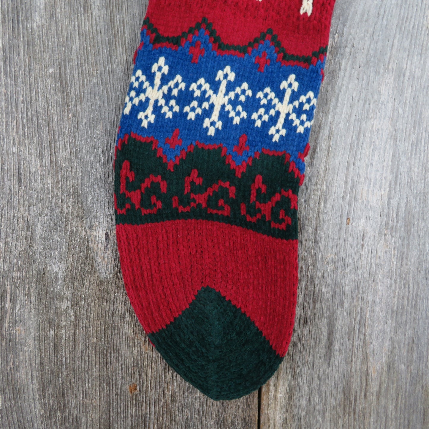 Vintage Snowflake Knit Stocking Christmas  Chenille Cream Blue Green Red Pom Pom 90s