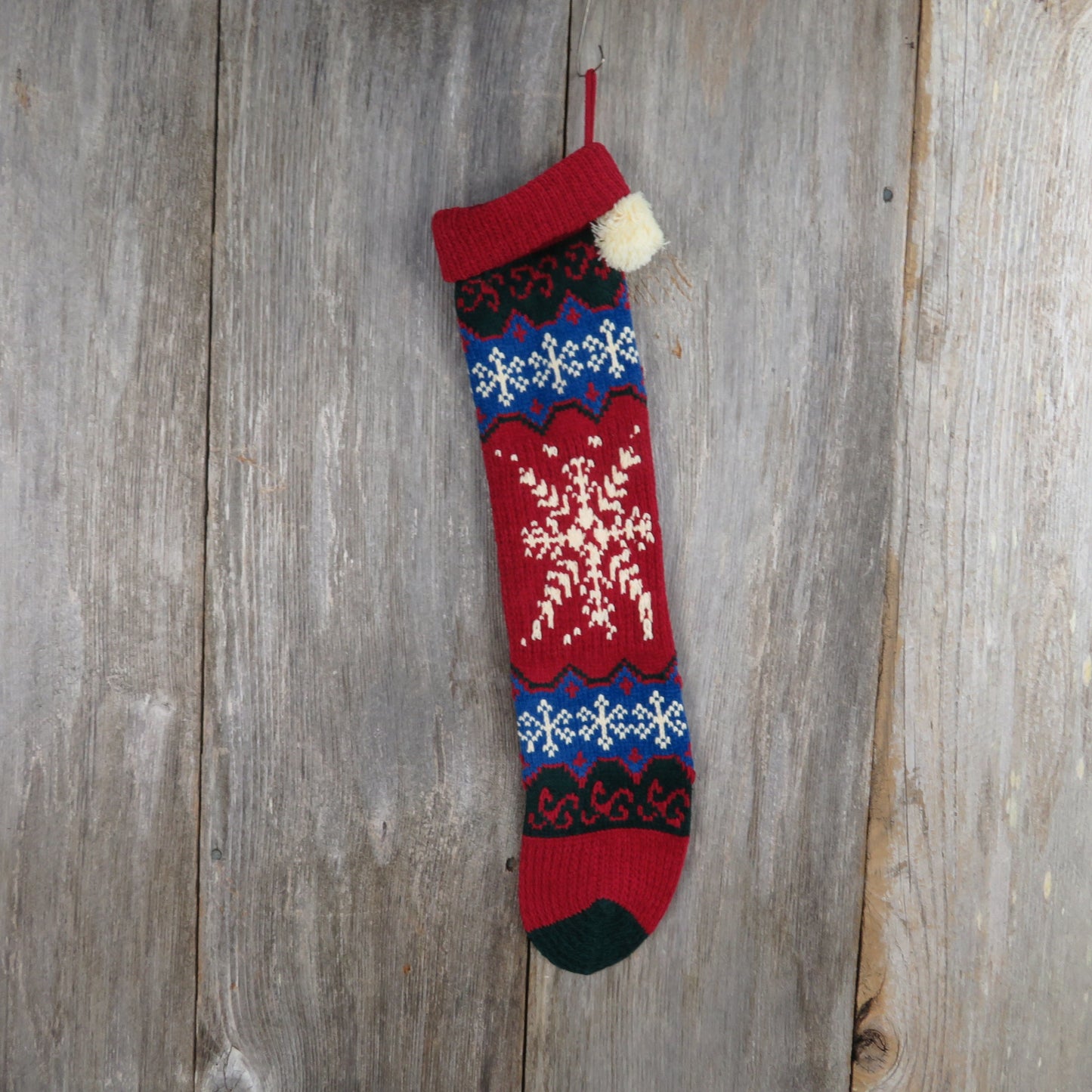 Vintage Snowflake Knit Stocking Christmas  Chenille Cream Blue Green Red Pom Pom 90s