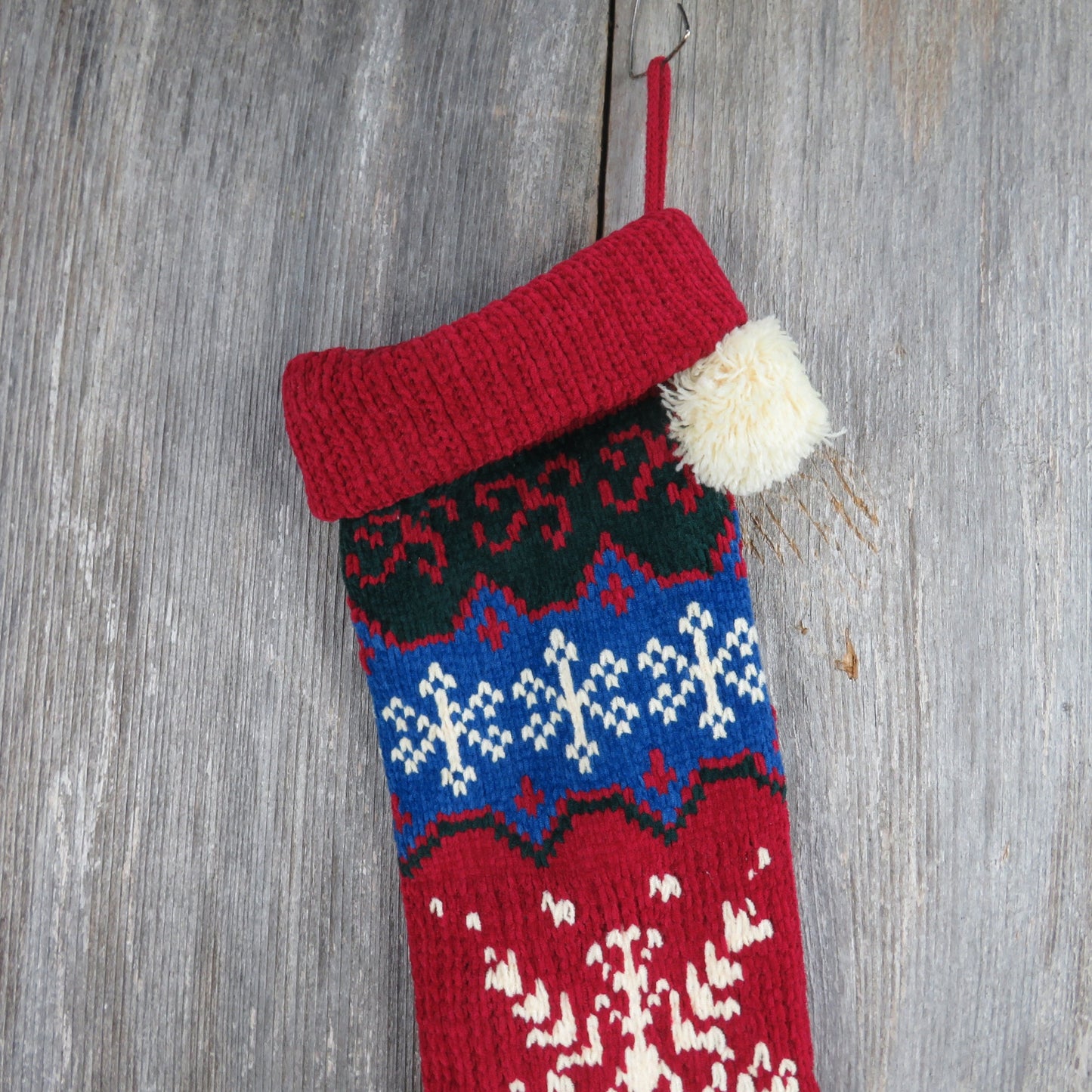 Vintage Snowflake Knit Stocking Christmas  Chenille Cream Blue Green Red Pom Pom 90s