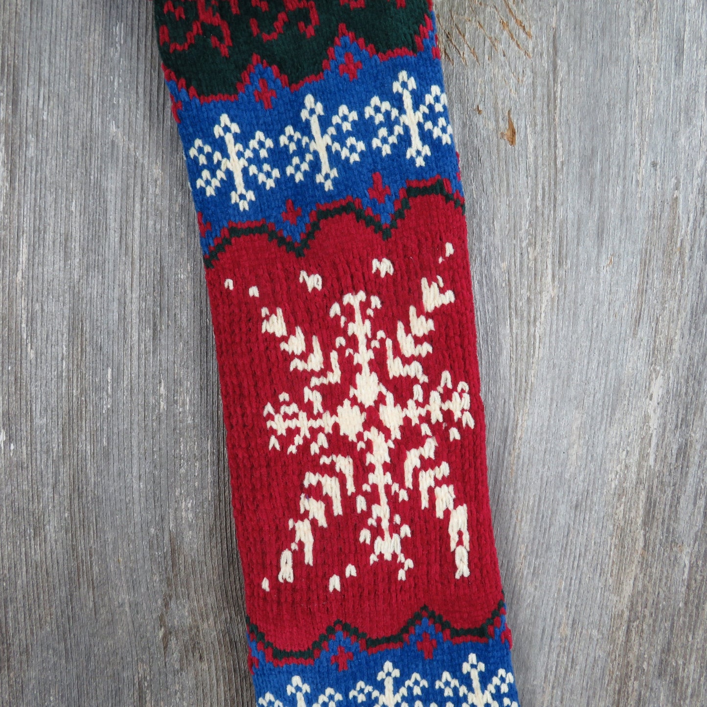 Vintage Snowflake Knit Stocking Christmas  Chenille Cream Blue Green Red Pom Pom 90s