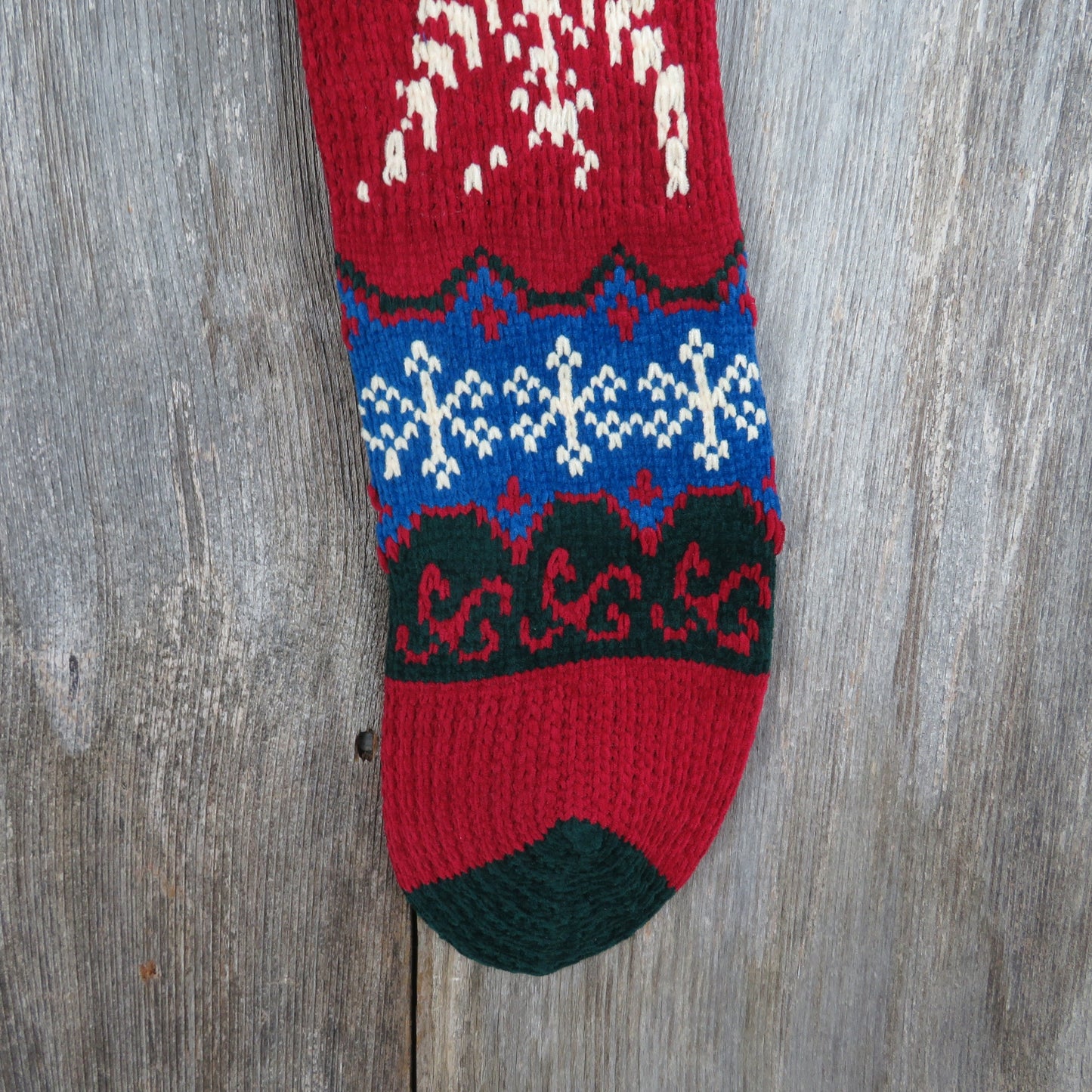 Vintage Snowflake Knit Stocking Christmas  Chenille Cream Blue Green Red Pom Pom 90s