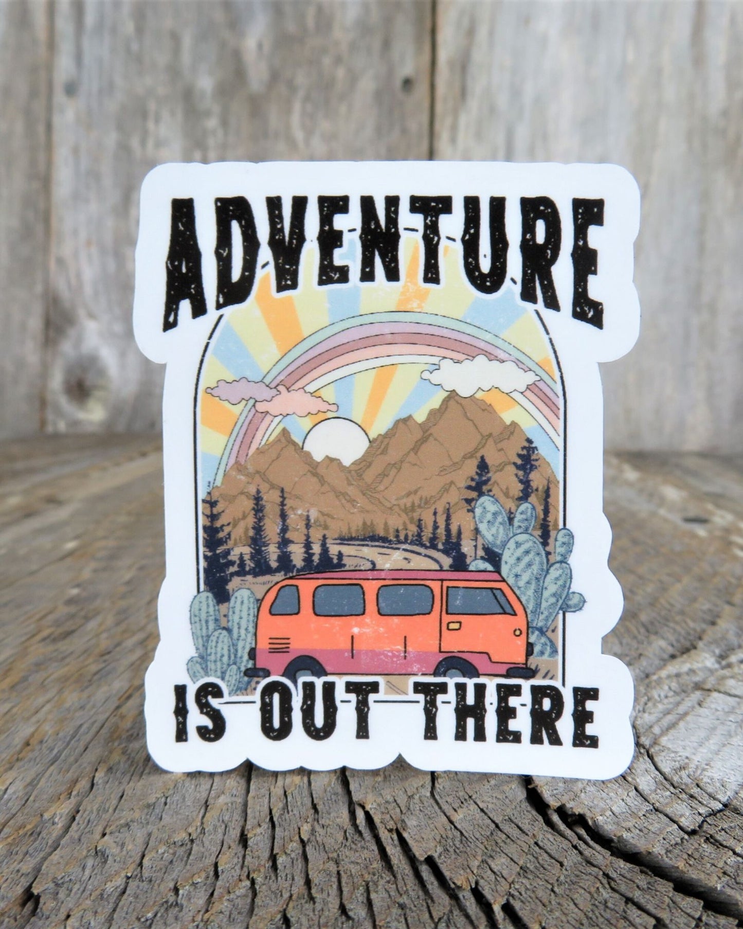 Adventure is Out There Sticker Full Color Waterproof Camper Van Desert Cactus Outdoors Camping Mountains Water Bottle Sticker