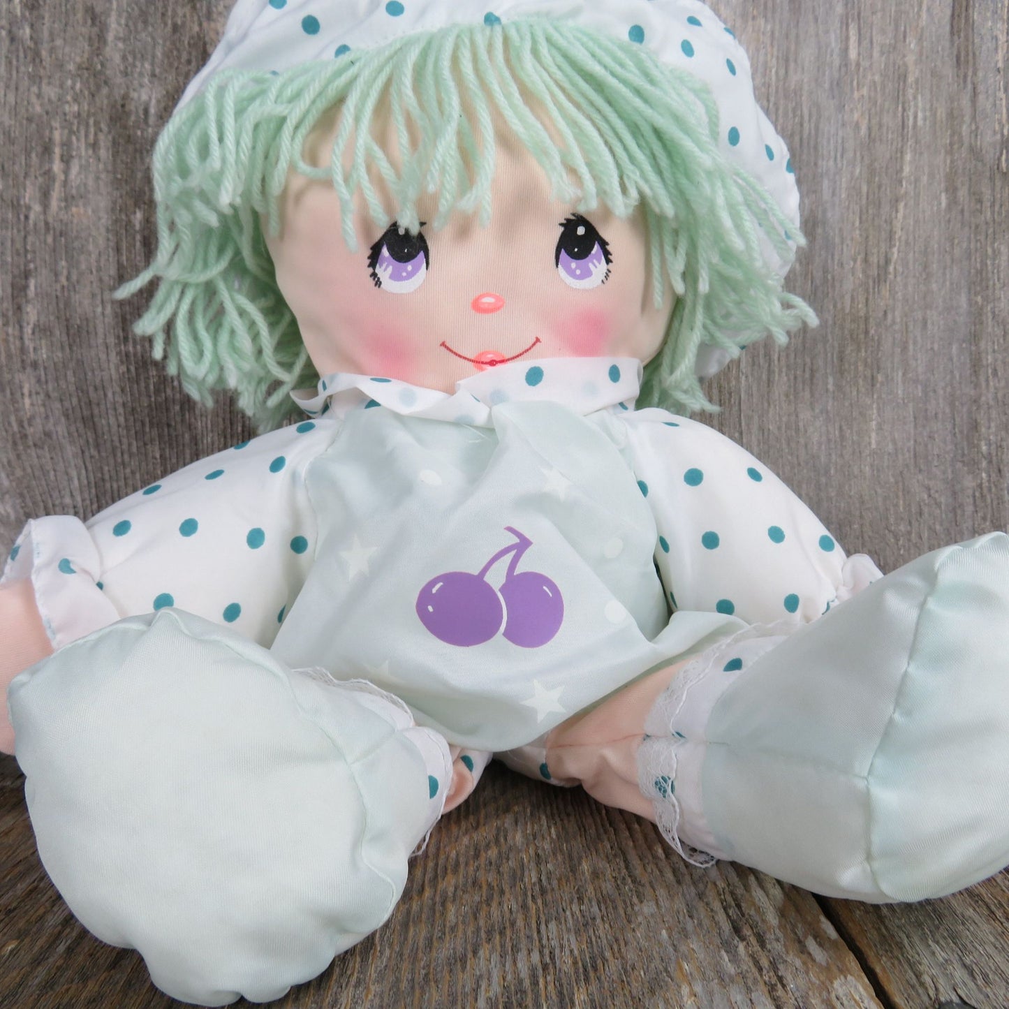Vintage Dolly Mine Soft Body Doll Plush Green Polka Dot Nylon Slick Made Well Toy Hat