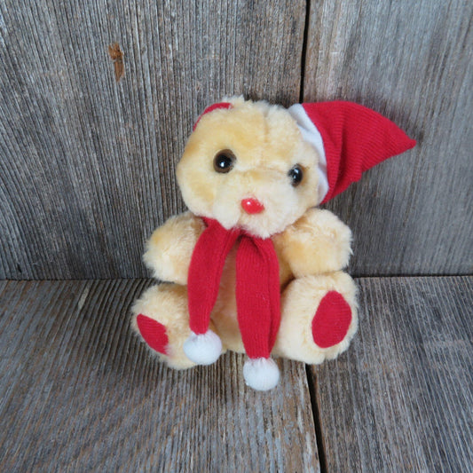 Vintage Teddy Bear Plush Red Santa Hat Christmas Mini Yellow Stuffed Animal