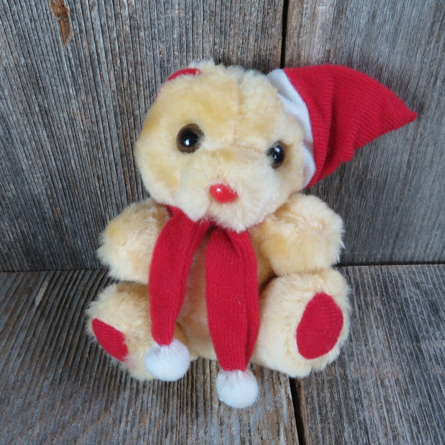 Vintage Teddy Bear Plush Red Santa Hat Christmas Mini Yellow Stuffed Animal