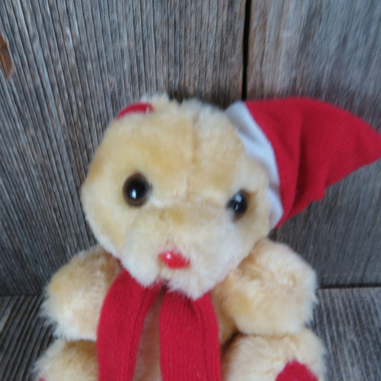 Vintage Teddy Bear Plush Red Santa Hat Christmas Mini Yellow Stuffed Animal