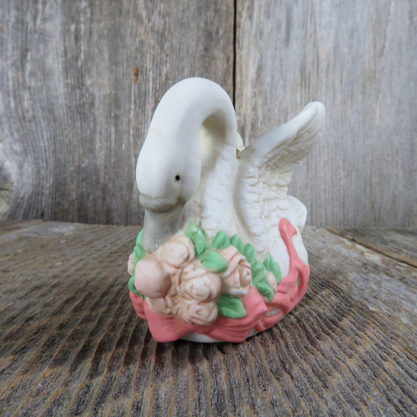 Vintage Swan Ornament Ceramic Bird Goose Porcelain White Flowers Ribbon Christmas