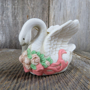 Vintage Swan Ornament Ceramic Bird Goose Porcelain White Flowers Ribbon Christmas