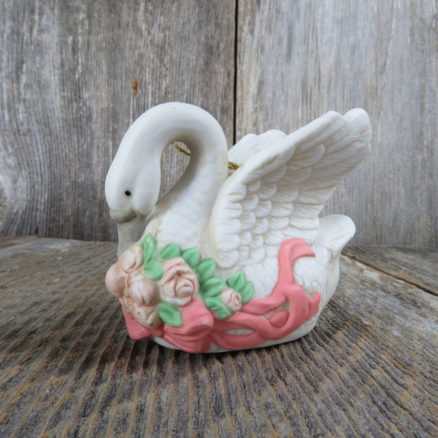 Vintage Swan Ornament Ceramic Bird Goose Porcelain White Flowers Ribbon Christmas