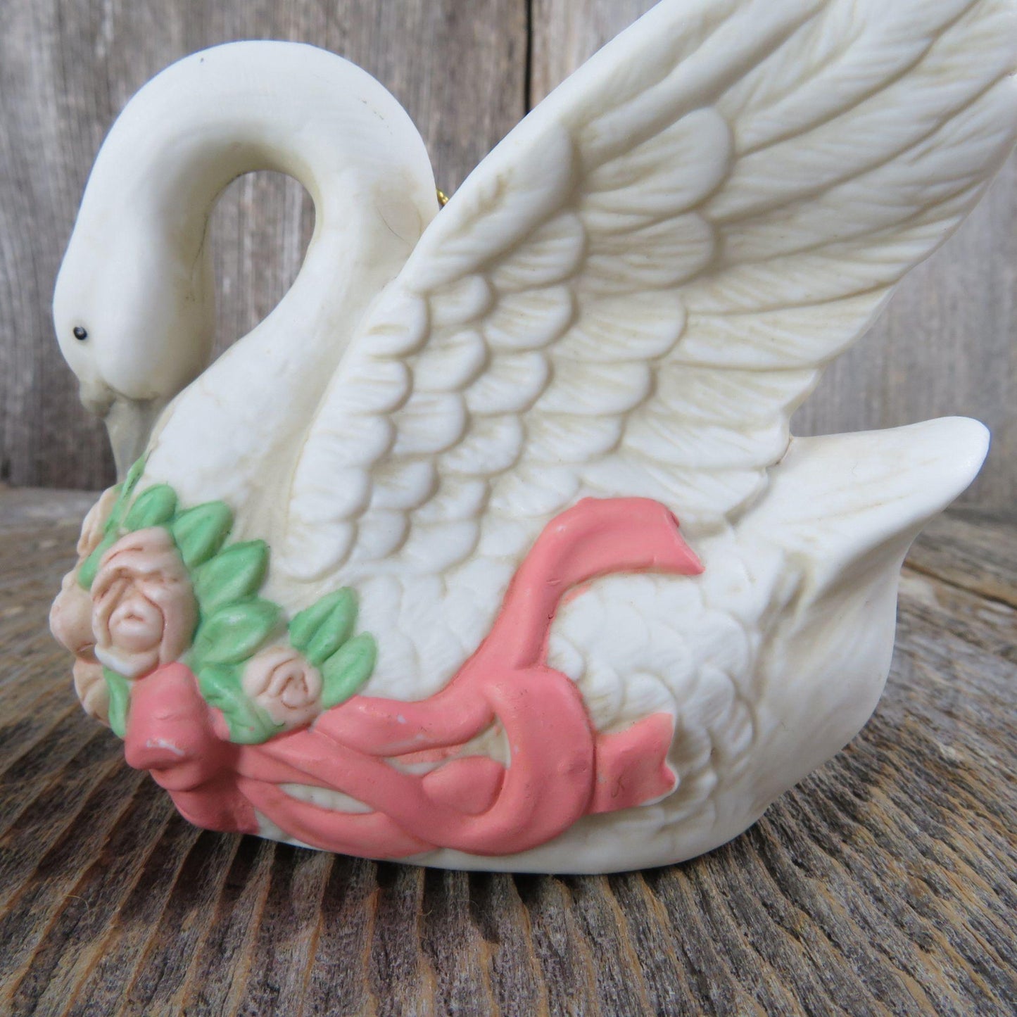 Vintage Swan Ornament Ceramic Bird Goose Porcelain White Flowers Ribbon Christmas