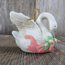 Load image into Gallery viewer, Vintage Swan Ornament Ceramic Bird Goose Porcelain White Flowers Ribbon Christmas