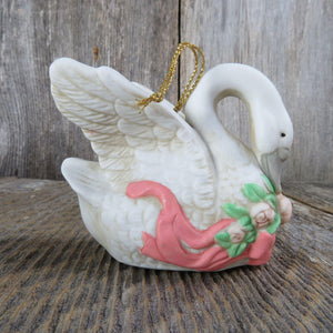 Vintage Swan Ornament Ceramic Bird Goose Porcelain White Flowers Ribbon Christmas