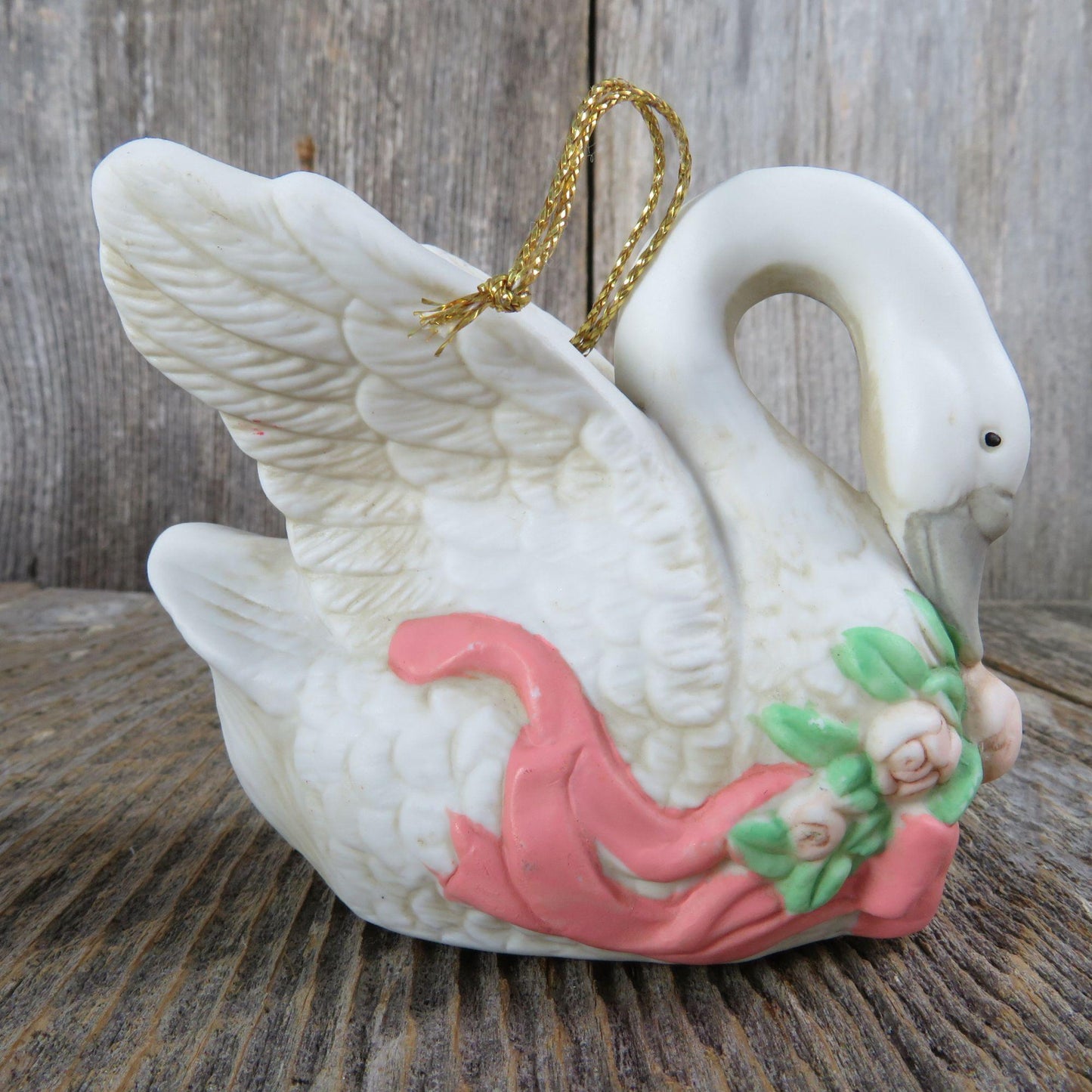 Vintage Swan Ornament Ceramic Bird Goose Porcelain White Flowers Ribbon Christmas