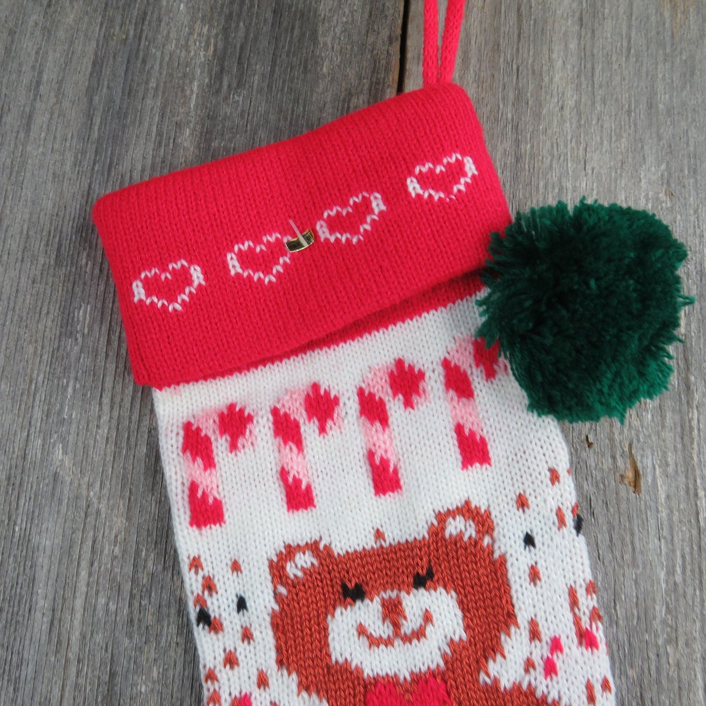 Vintage Teddy Bear Candy Cane Knit Christmas Stocking Red Green 1980s st13