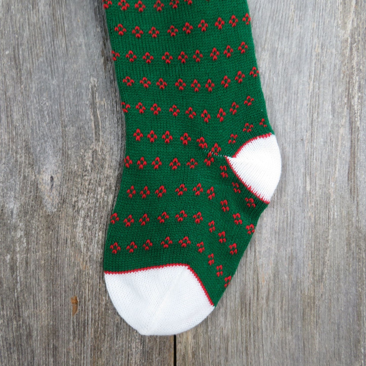 Vintage Merry Christmas Green Knit Stocking Knitted White Red Christmas Pom Pom ST343