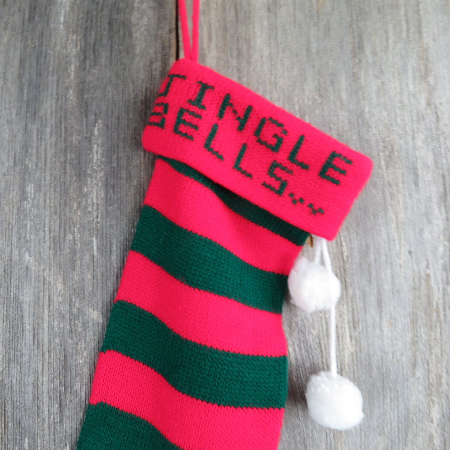 Vintage Jingle Bells Knit Striped Christmas Stocking Red Green Stripes Knitted ST340