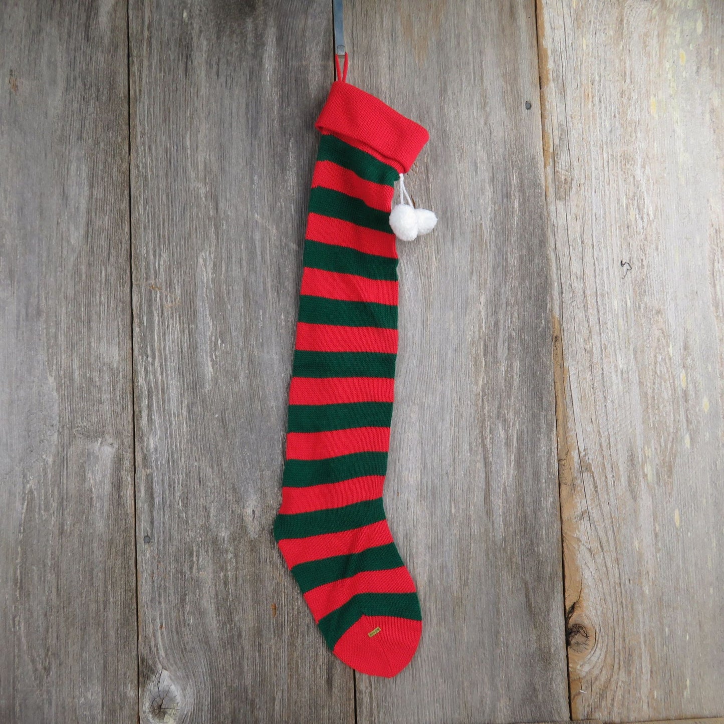 Vintage Knit Striped Christmas Stocking Red Green Stripes Knitted 1980s