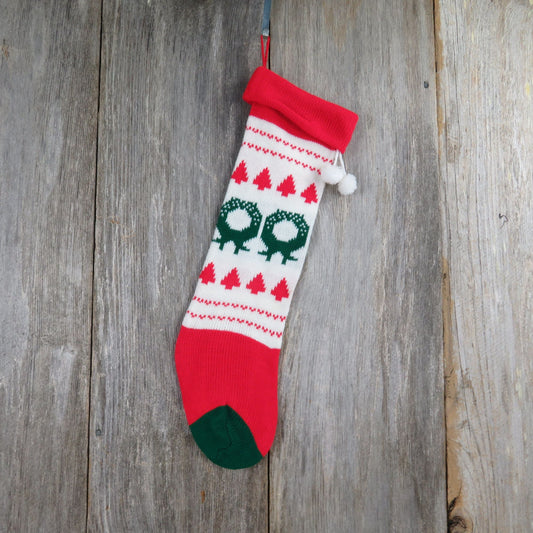 Vintage Wreath Design Knit Stocking Tree Knitted White Green Red Christmas Pom Pom