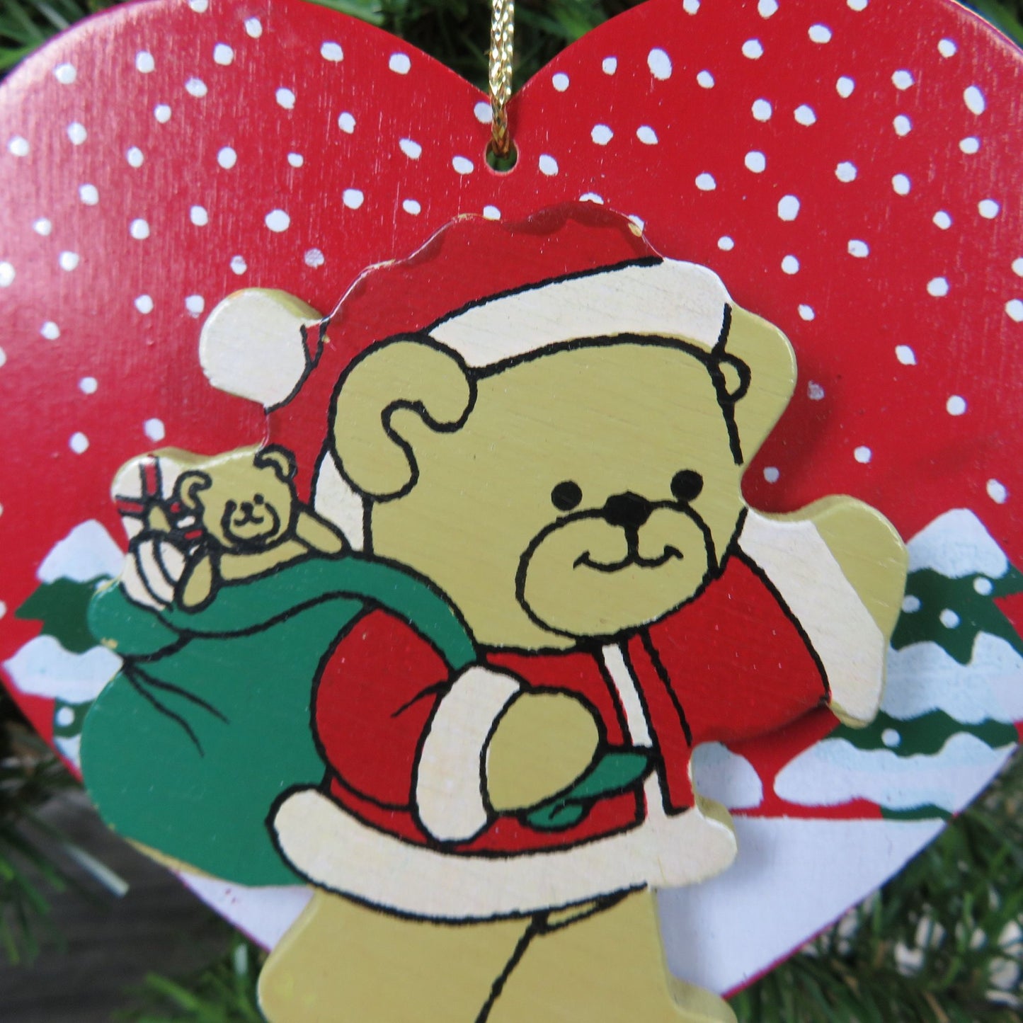 Heart Shaped Bear Santa Claus Wood Ornament Vintage Wooden Painted Christmas Ornament