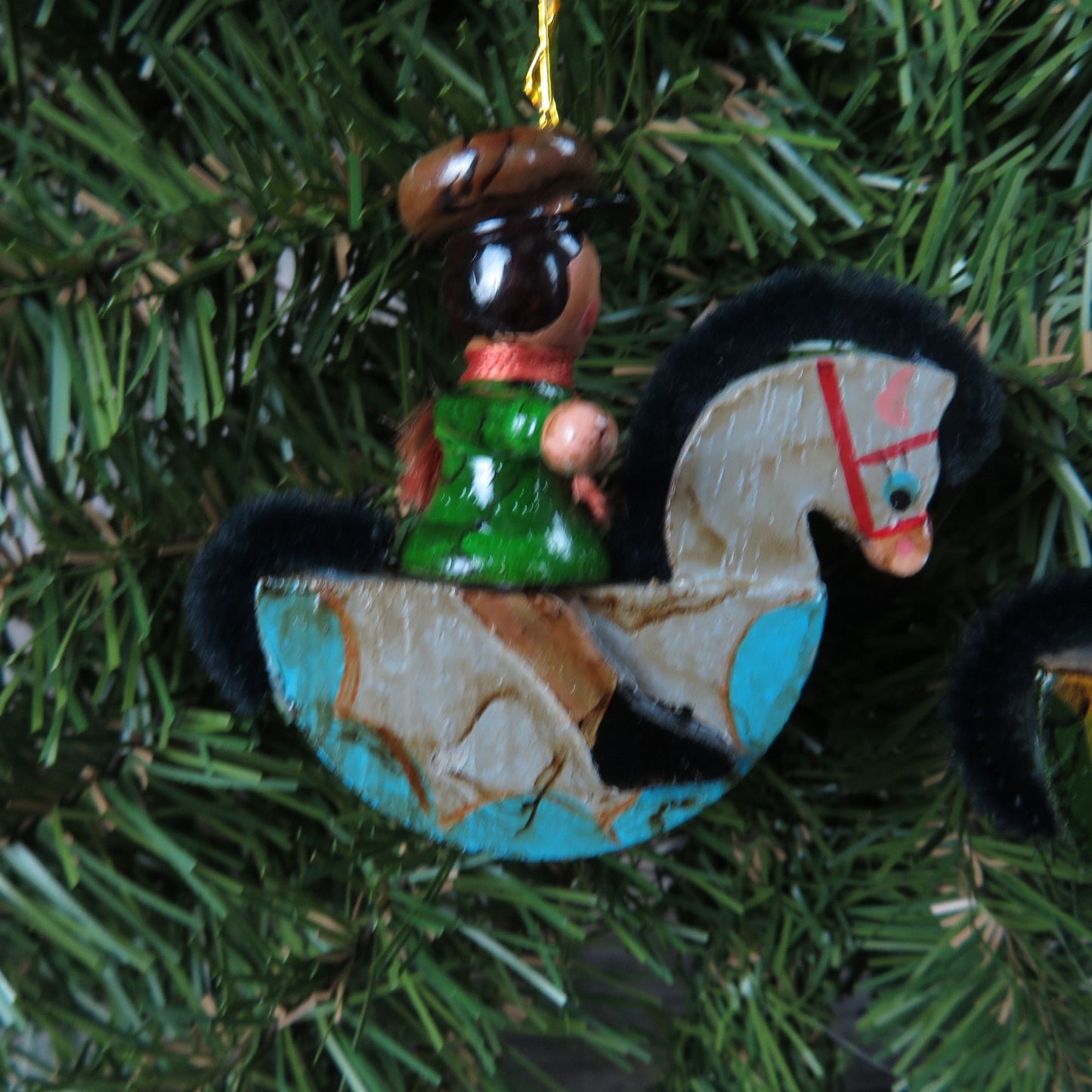 Vintage Rocking Horse with Rider Wooden Ornament, Wood Christmas Rocking Pony Soldier Christmas Ornament