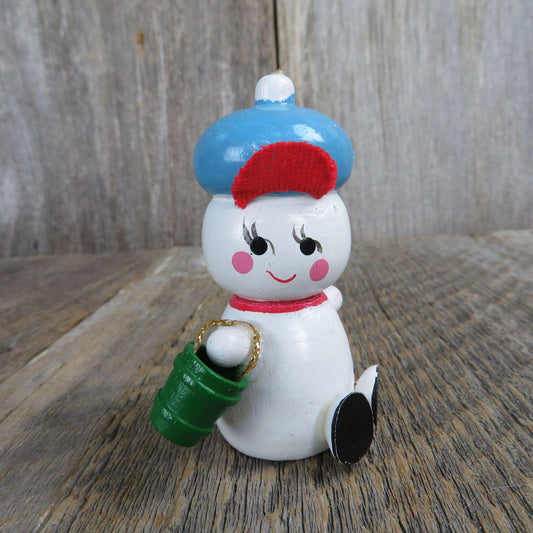 Vintage Snowman Wood Ornament Pail Bucket Blue Cap Wooden Christmas