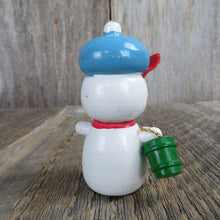 Load image into Gallery viewer, Vintage Snowman Wood Ornament Pail Bucket Blue Cap Wooden Christmas