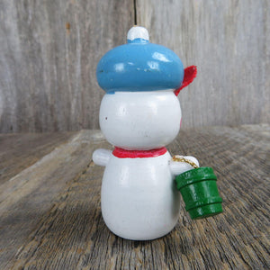 Vintage Snowman Wood Ornament Pail Bucket Blue Cap Wooden Christmas