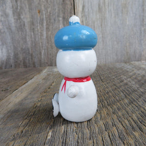 Vintage Snowman Wood Ornament Pail Bucket Blue Cap Wooden Christmas