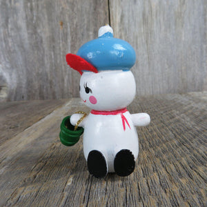 Vintage Snowman Wood Ornament Pail Bucket Blue Cap Wooden Christmas