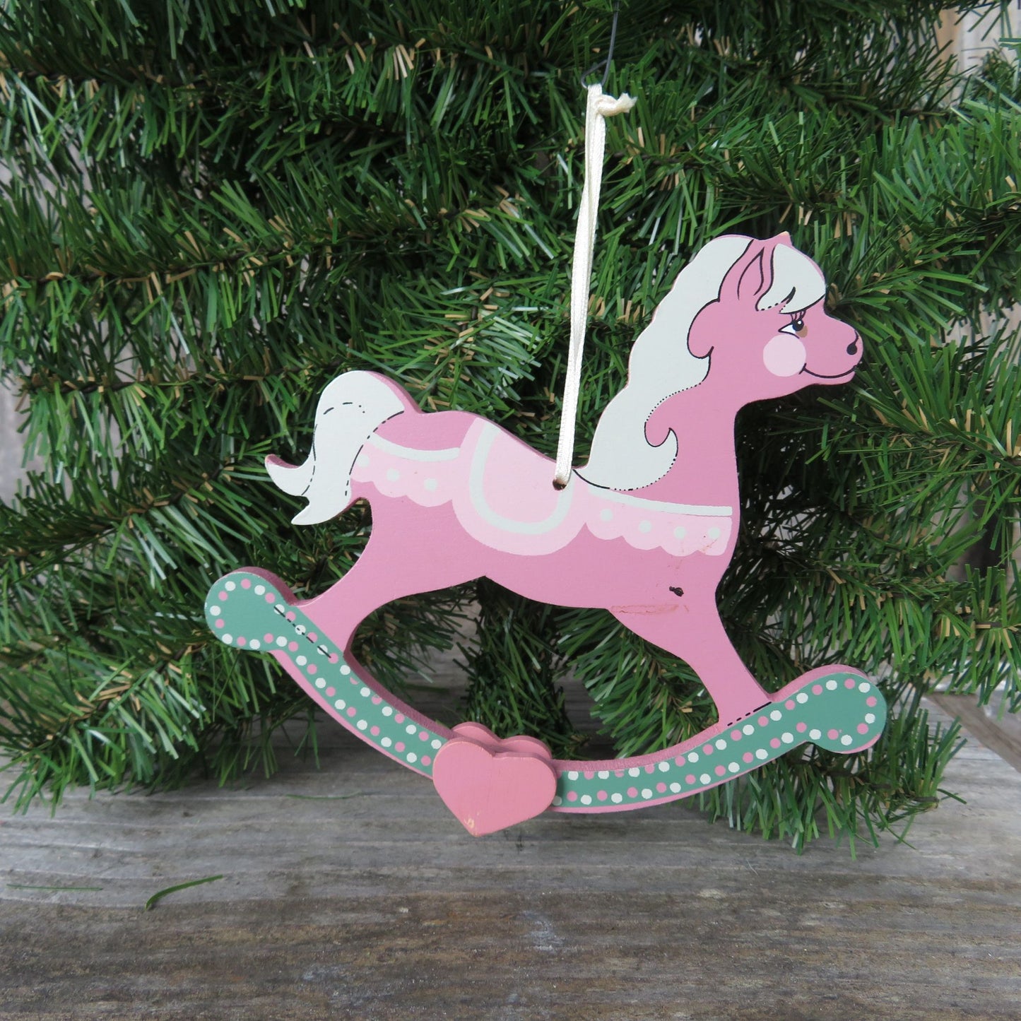 Vintage Pink Wooden Rocking Horse Ornament Fancy Painted Show Pony Green Holly Adler Kurt 1988