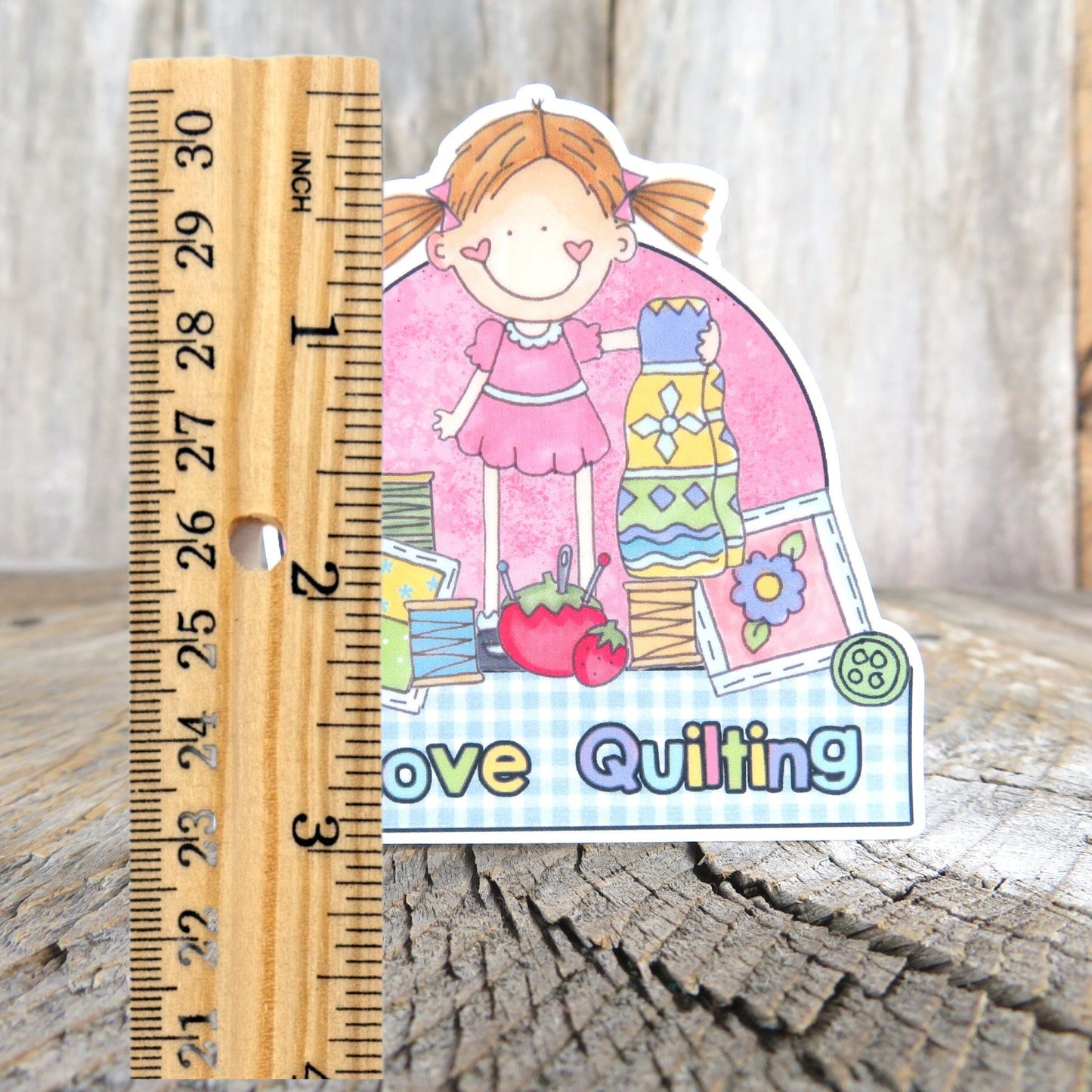 I Love Quilting Sticker Waterproof Pink Blue Country Style Gingham Full Color Waterproof Sewing Lady Crafty
