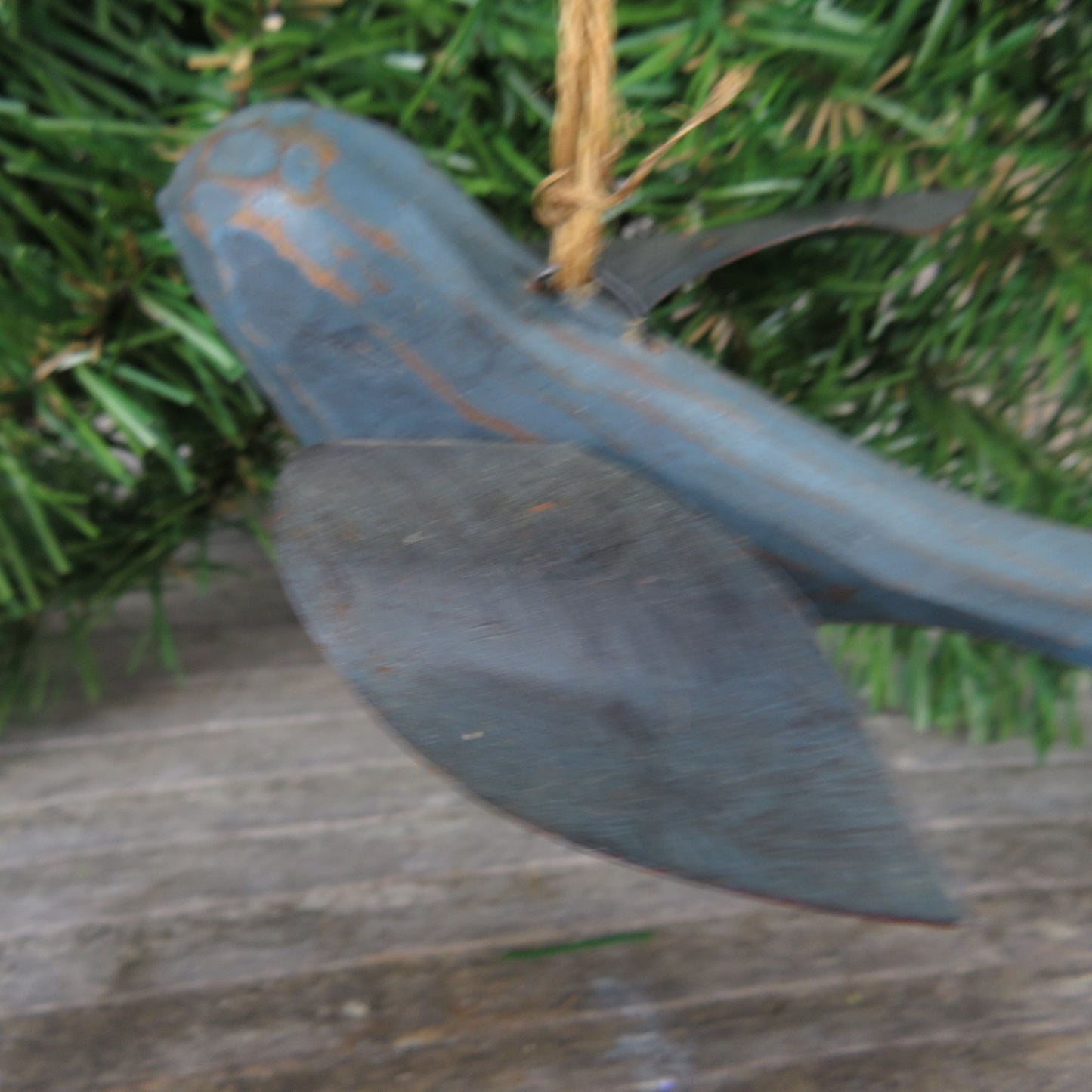 Blue Wooden Bird Ornament Primitive Rustic Style Metal Wings Flying Christmas