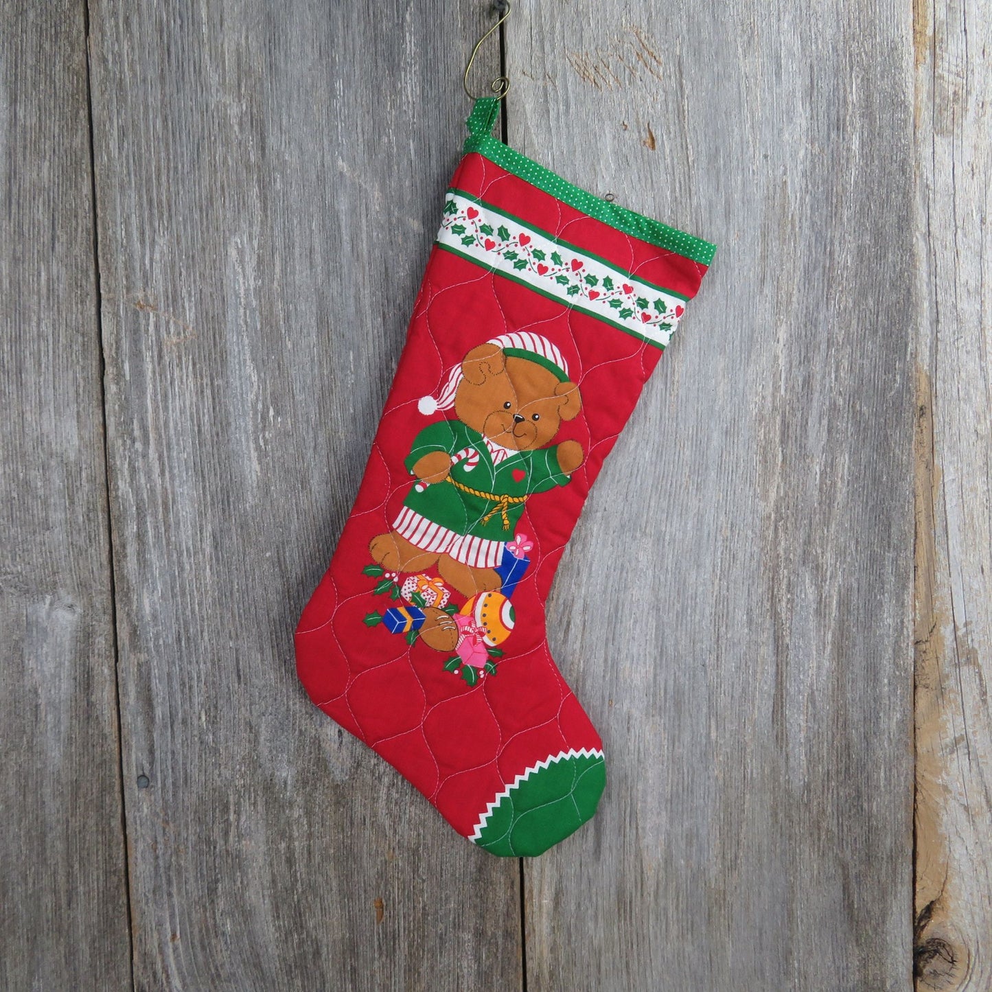 Vintage Teddy Bear Boy Christmas Stocking Quilted Handmade Fabric Red Green Cloth  st282